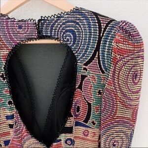 Janine- Designer Vintage Long-Sleeve Multicolored Mosaic Cocktail Midi Dress